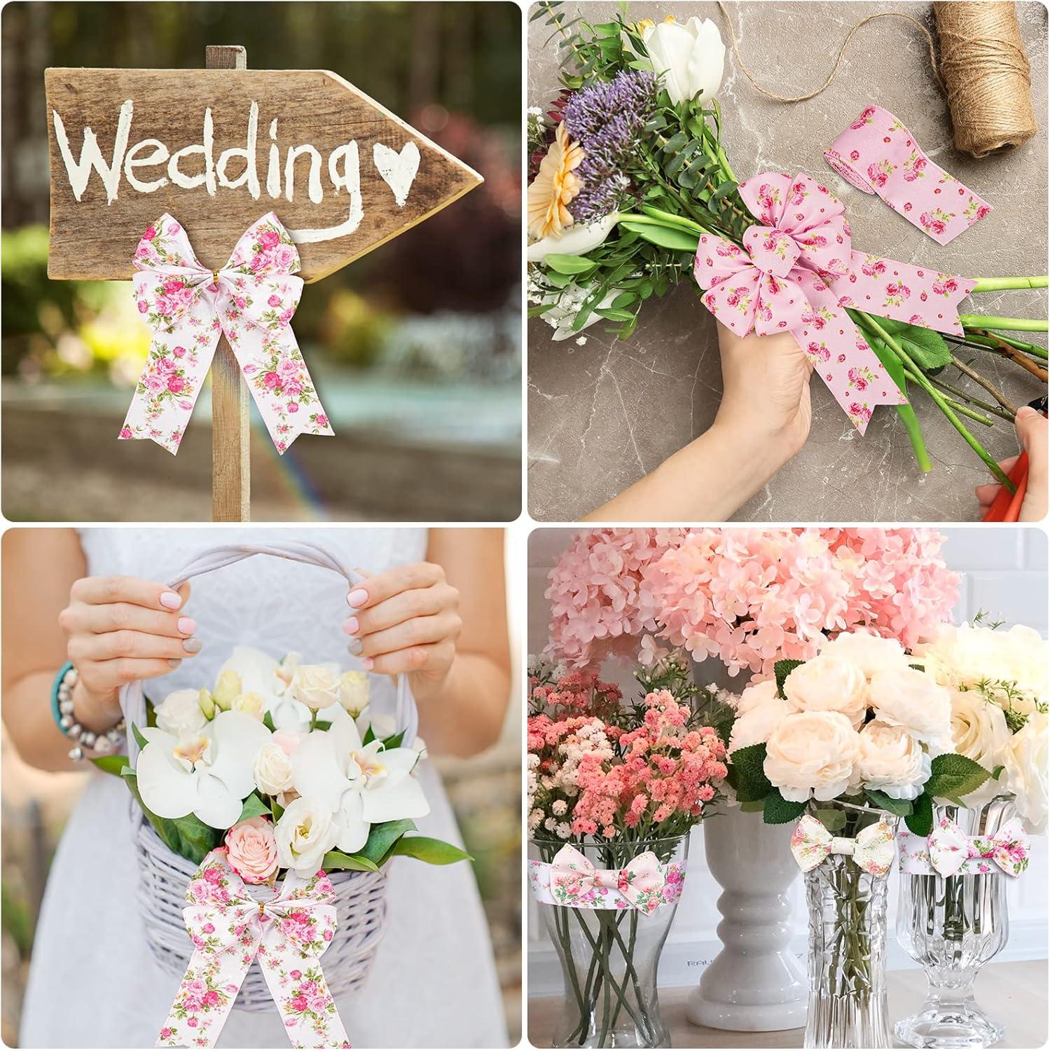 imageWhaline Pink Floral Wired Edge Ribbon 4 Rolls Rose Flower Pattern Ribbon Spring Summer Fabric Decorative Craft Ribbons for Mothers Day Gift Wrapping Hair Bow Sewing Wreath Crafts 20 Yard x 25 Inch