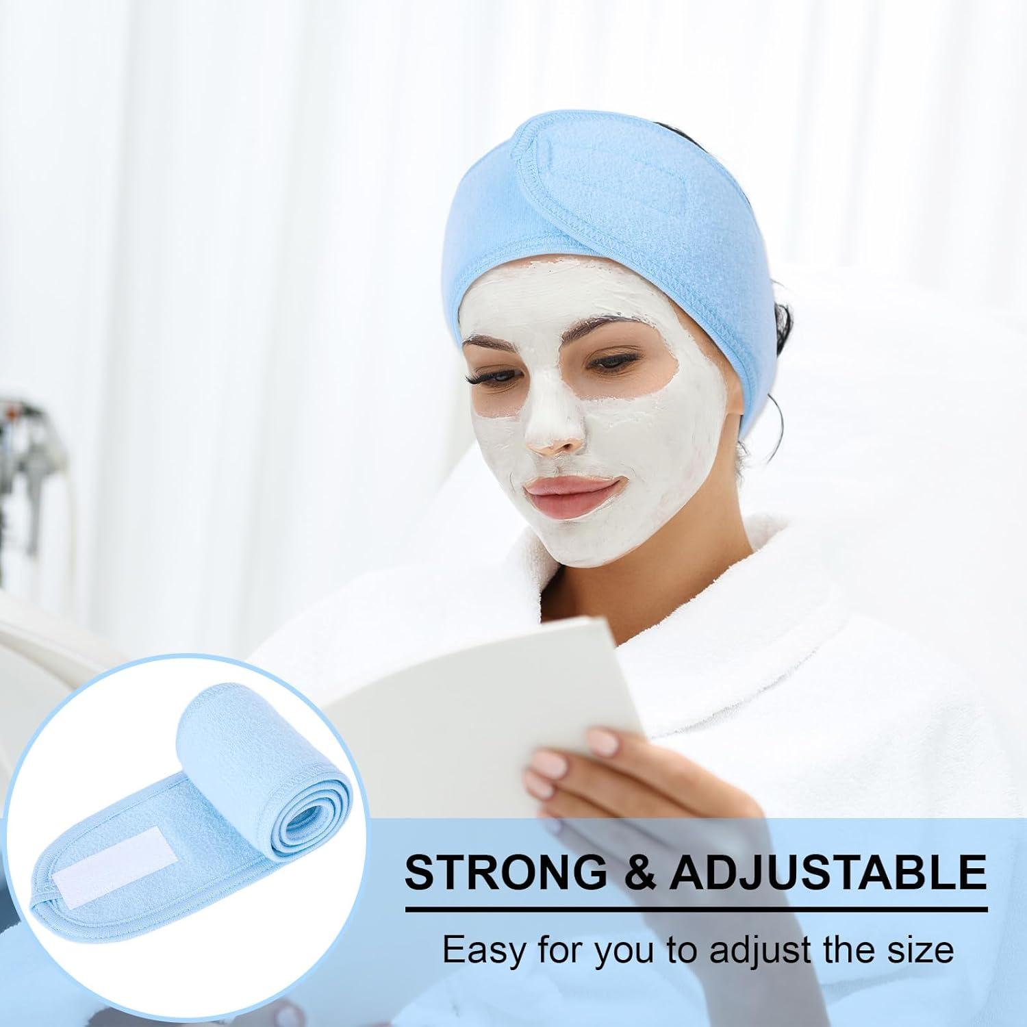 imageWhaline Spa Facial Headband Head Wrap Terry Cloth Headband 4 Counts Stretch Towel for Bath Makeup and Sport BlackLight Blue