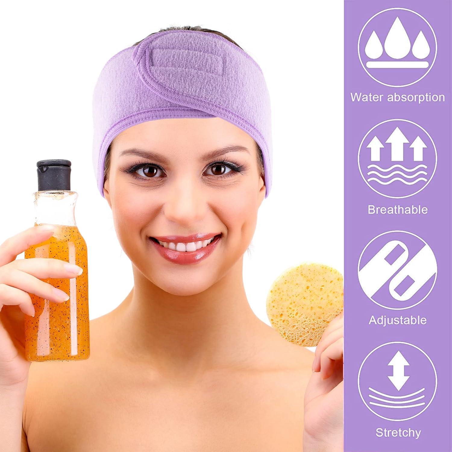 imageWhaline Spa Facial Headband Head Wrap Terry Cloth Headband 4 Counts Stretch Towel for Bath Makeup and Sport BlackLight Purple