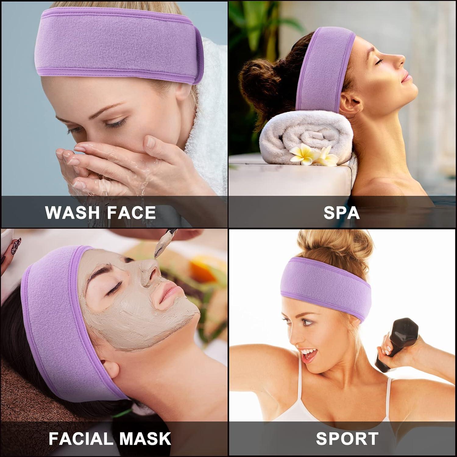 imageWhaline Spa Facial Headband Head Wrap Terry Cloth Headband 4 Counts Stretch Towel for Bath Makeup and Sport BlackLight Purple