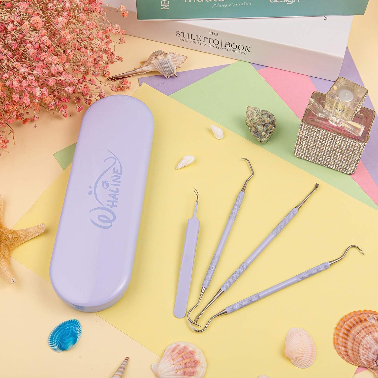 imageWhaline Weeding Vinyl Tools 4 Pieces Precision Stainless Steel Weeder Tool with Case Vinyl Craft Paper Craft Tool Kit for Silhouettes Cameos Lettering Scraper Hook Spatula TweezersPurple