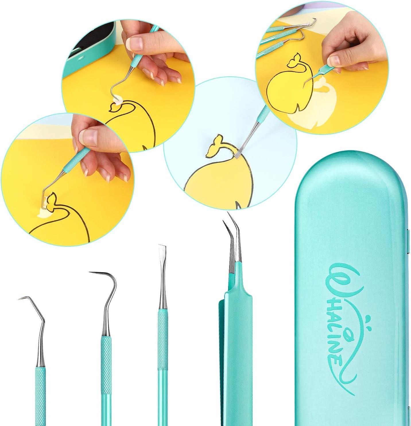 imageWhaline Weeding Vinyl Tools 4 Pieces Precision Stainless Steel Weeder Tool with Case Vinyl Craft Paper Craft Tool Kit for Silhouettes Cameos Lettering Scraper Hook Spatula TweezersMint Green
