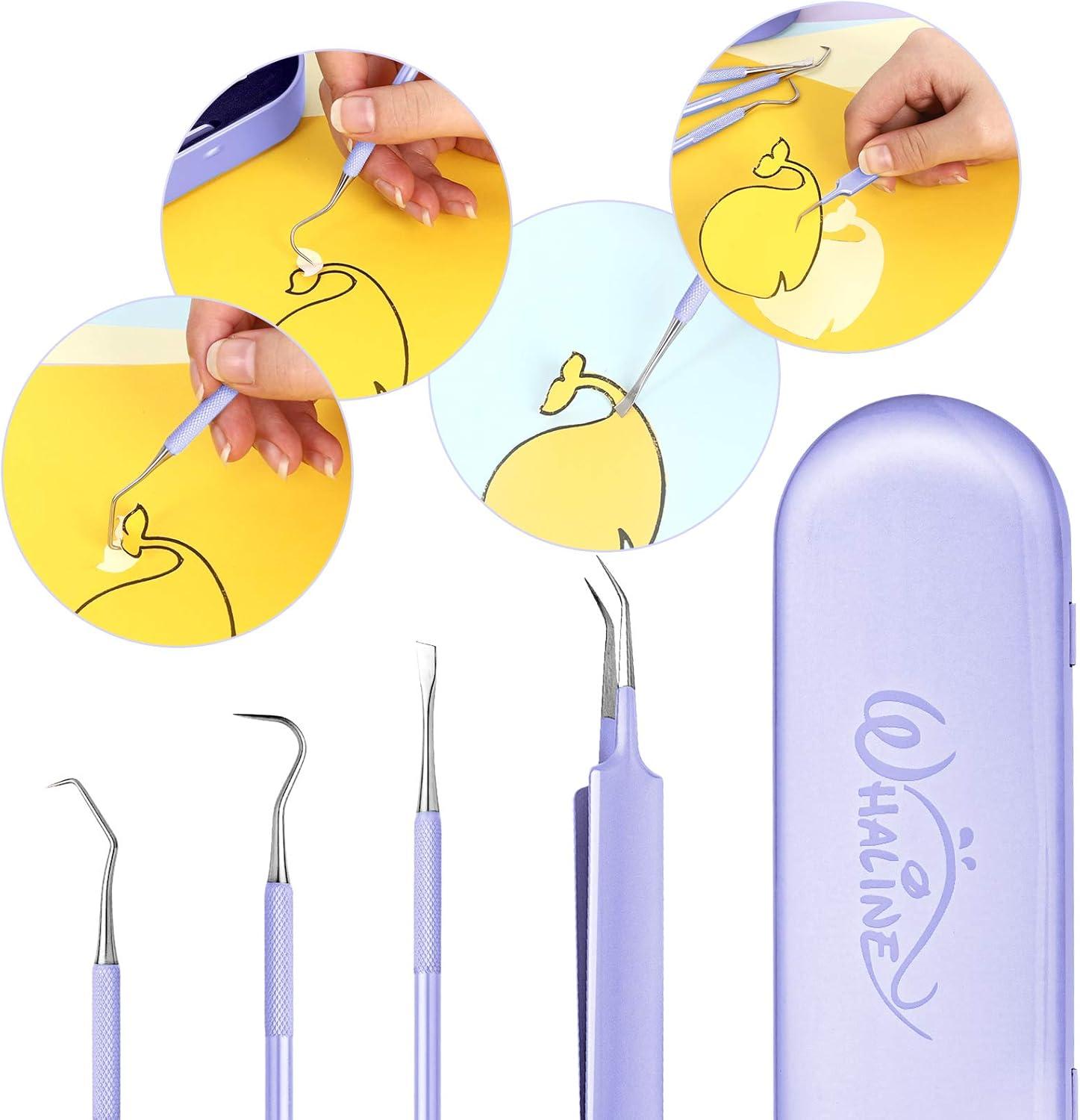 imageWhaline Weeding Vinyl Tools 4 Pieces Precision Stainless Steel Weeder Tool with Case Vinyl Craft Paper Craft Tool Kit for Silhouettes Cameos Lettering Scraper Hook Spatula TweezersPurple
