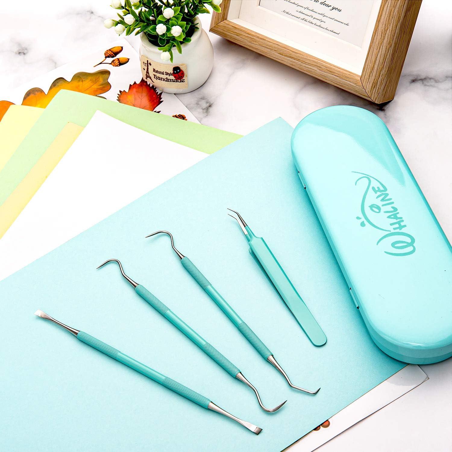 imageWhaline Weeding Vinyl Tools 4 Pieces Precision Stainless Steel Weeder Tool with Case Vinyl Craft Paper Craft Tool Kit for Silhouettes Cameos Lettering Scraper Hook Spatula TweezersMint Green