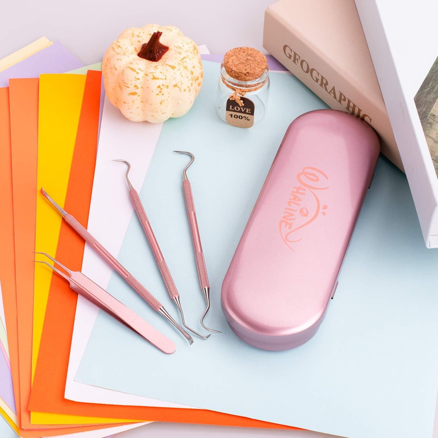 imageWhaline Weeding Vinyl Tools 4 Pieces Precision Stainless Steel Weeder Tool with Case Vinyl Craft Paper Craft Tool Kit for Silhouettes Cameos Lettering Scraper Hook Spatula TweezersPink