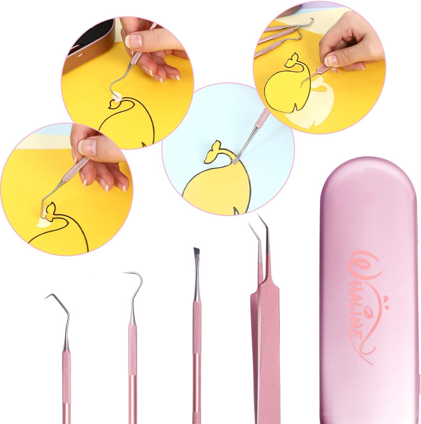 imageWhaline Weeding Vinyl Tools 4 Pieces Precision Stainless Steel Weeder Tool with Case Vinyl Craft Paper Craft Tool Kit for Silhouettes Cameos Lettering Scraper Hook Spatula TweezersPink