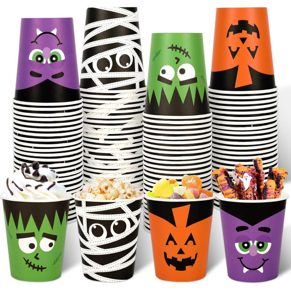 imageWhaline 100Pcs Halloween Disposable Cups Funny Cartoon Party Cups Pumpkin Vampire Mummy Monster Paper Cup for Juice Coffee Hot Cold Drink Halloween Party Supplies 9oz