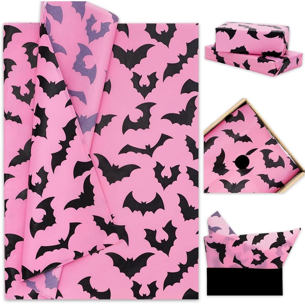 imageWhaline 100Pcs Pink Bat Tissue Paper Bulk Pink Wrapping Paper Bulk Black Bat Decorative Gift Wrapping Tissue Paper DIY Craft Paper for Halloween 14 x 20 InchPink