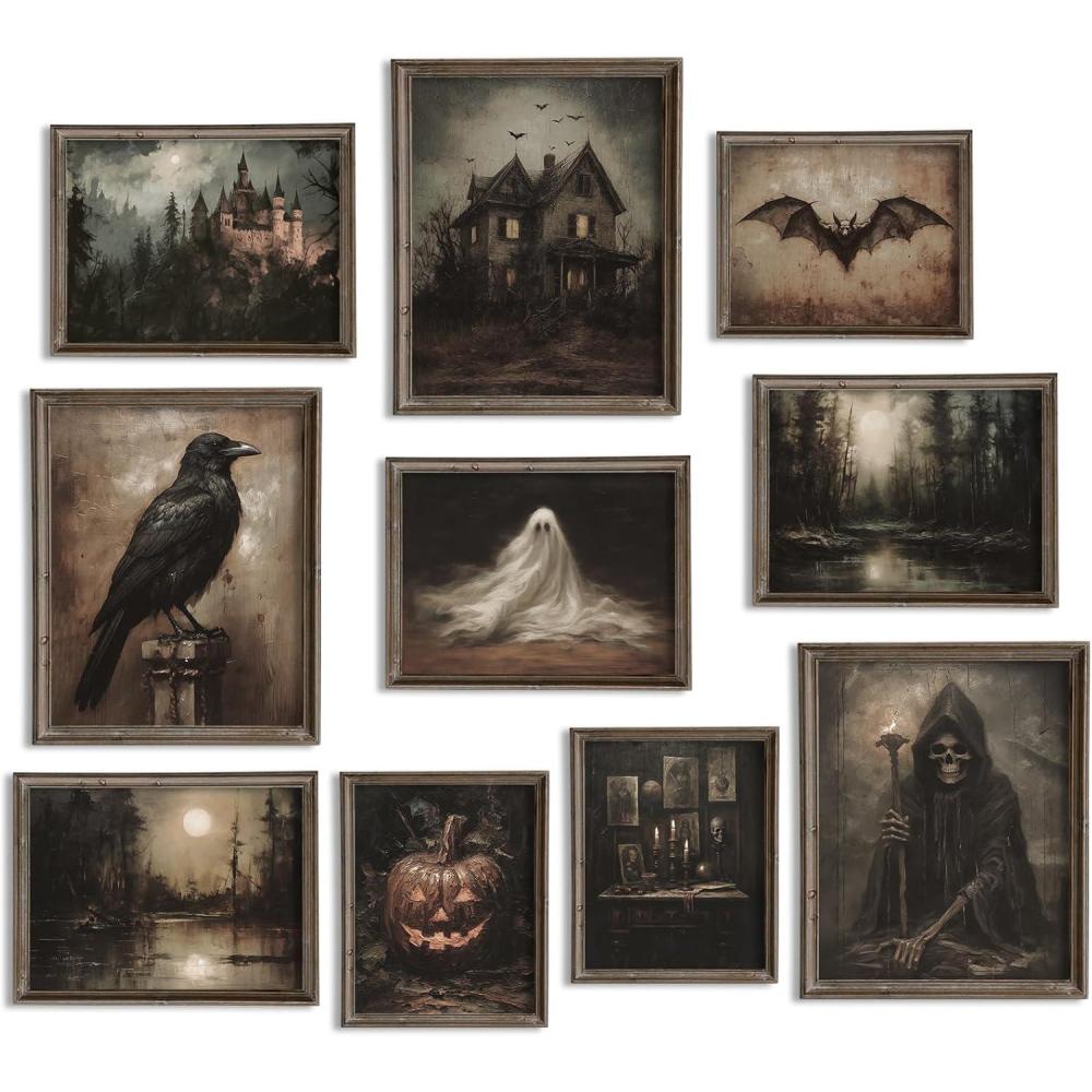 imageWhaline 10Pcs Halloween Dark Wall Art Prints Creepy Halloween Aesthetic Paper Posters Witchy Picture Decorations for Gallery Living Room Bedroom Office Unframed