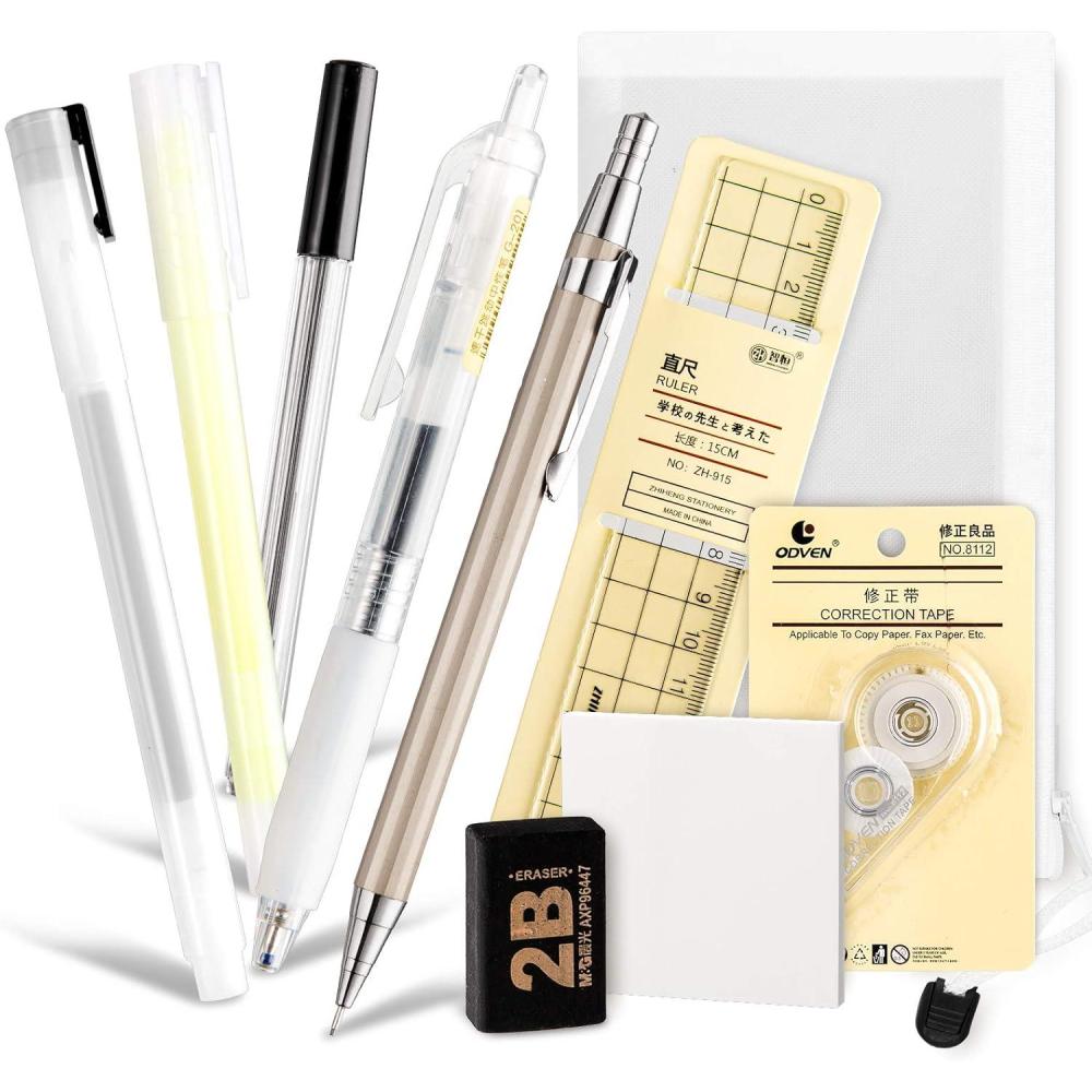 imageWhaline 10Pcs Japanese Style Pen Set Gel Ballpoint Pen Bag Mechanical Pencil Pencil Lead Correction Tape Sticky Note Rubber Ruler Highlighter Pen for Student Back to School Supplies Office Stationary
