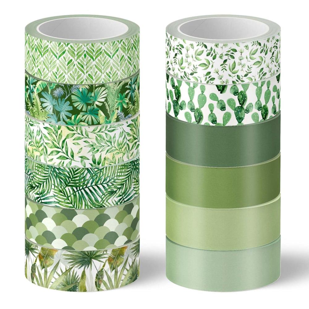 imageWhaline 12 Rolls Green Forest Washi Tape Watercolor Greenery Holiday Masking Tape Woodland Green Tree Plants Pattern Washi Tape for Scrapbook Journal DIY Craft Gift WrappingAssorted Plants