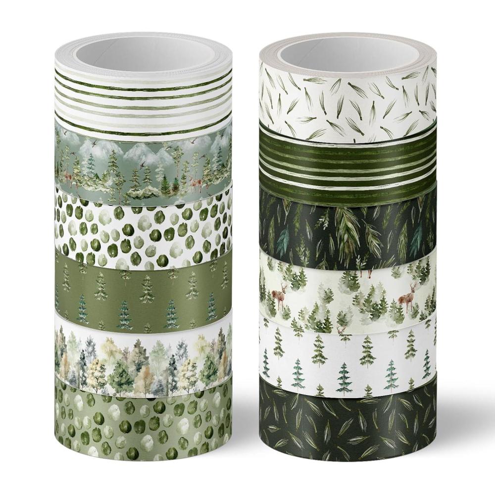 imageWhaline 12 Rolls Green Forest Washi Tape Watercolor Greenery Holiday Masking Tape Woodland Green Tree Plants Pattern Washi Tape for Scrapbook Journal DIY Craft Gift WrappingWatercolor Greenery