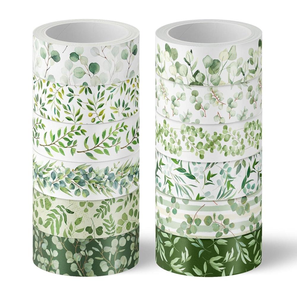 imageWhaline 12 Rolls Green Forest Washi Tape Watercolor Greenery Holiday Masking Tape Woodland Green Tree Plants Pattern Washi Tape for Scrapbook Journal DIY Craft Gift WrappingEucalyptus