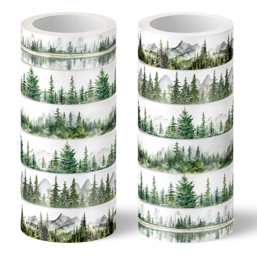 imageWhaline 12 Rolls Green Forest Washi Tape Watercolor Greenery Holiday Masking Tape Woodland Green Tree Plants Pattern Washi Tape for Scrapbook Journal DIY Craft Gift WrappingForest