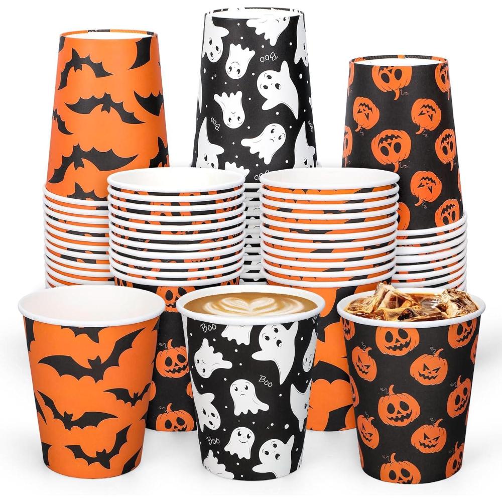 imageWhaline 120Pcs Halloween Paper Cups Pumpkin Ghost Bats Disposable Cups 3 Designs Black Orange Party Cups for Cold Hot Drink Table Decor Supplies 9 Oz
