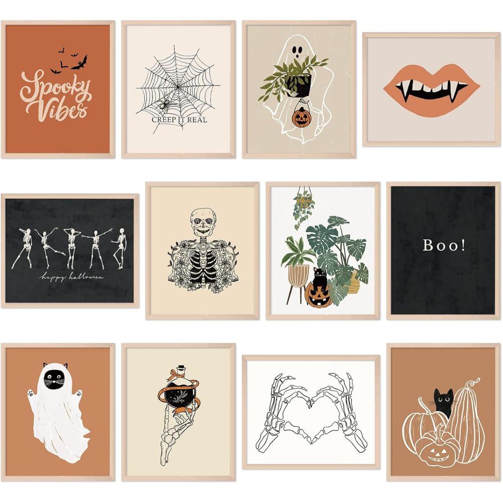 imageWhaline 12Pcs Halloween Wall Art Prints 8x10 Inch Boho Skeleton Ghost Black Cat Art Poster Decor Halloween Art Prints for Halloween Gallery Wall Home Living Room Bedroom Decor UNFRAMEDPaper