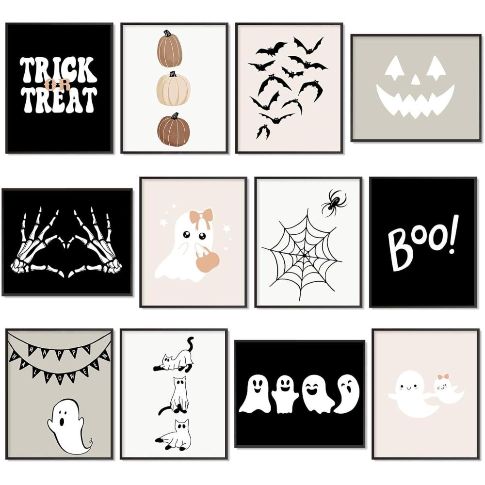 imageWhaline 12Pcs Halloween Wall Art Prints Cute Pink Ghost Pumpkin Boo Art Poster Trick or Treat Aesthetic Wall Decor for Gallery Living Room Bedroom UNFRAMED 11 x 14 InchBlack