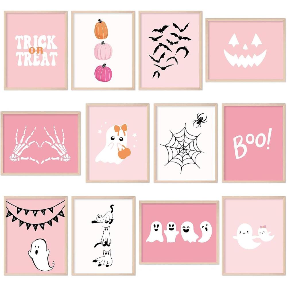 imageWhaline 12Pcs Halloween Wall Art Prints Cute Pink Ghost Pumpkin Boo Art Poster Trick or Treat Aesthetic Wall Decor for Gallery Living Room Bedroom UNFRAMED 11 x 14 InchPink