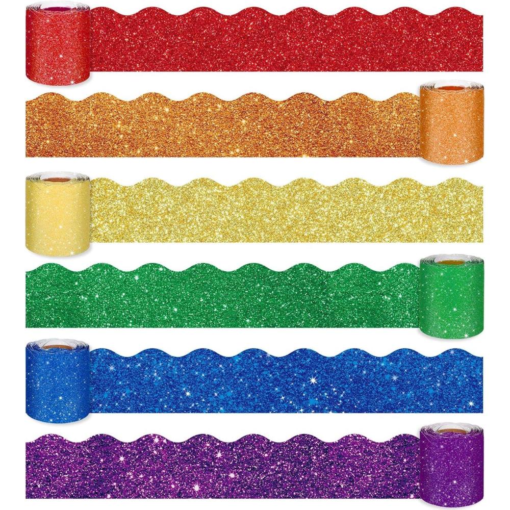 imageWhaline 1969ft Rainbow Bulletin Board Borders 6 Rolls Glitter Rainbow Color Bulletin Board Stripes Colorful Rolled Bulletin Board Trim for Gay Pride Day School Classroom Office Chalkboard Decor