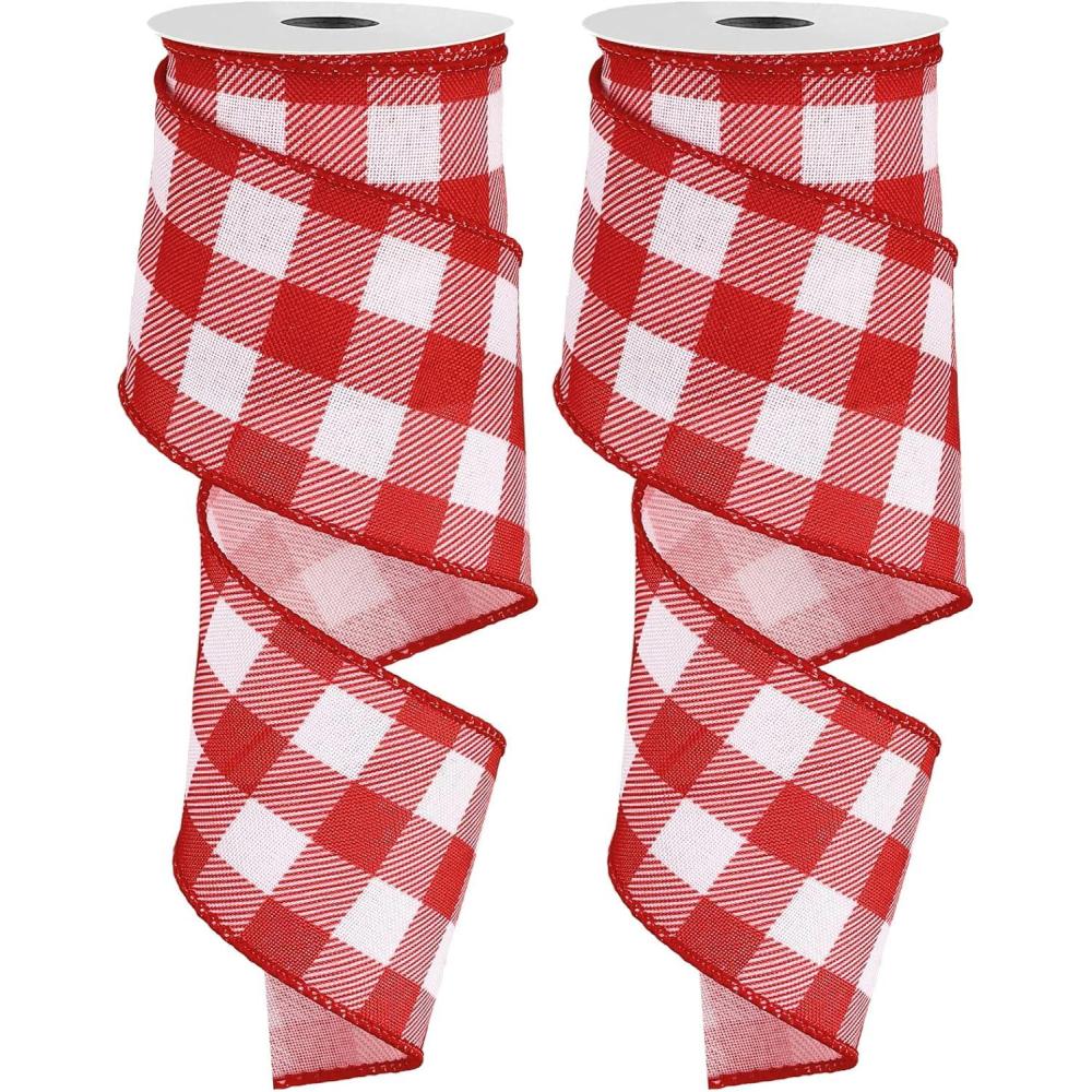 imageWhaline 2 Rolls Wired Edge Plaid Ribbon Christmas Buffalo Check Ribbon White Black Plaid Ribbon 25quot Wide Farmhouse Craft Ribbon for DIY Gift Wrapping Wreath Xmas Tree Bow Decoration 10 YardRed and White
