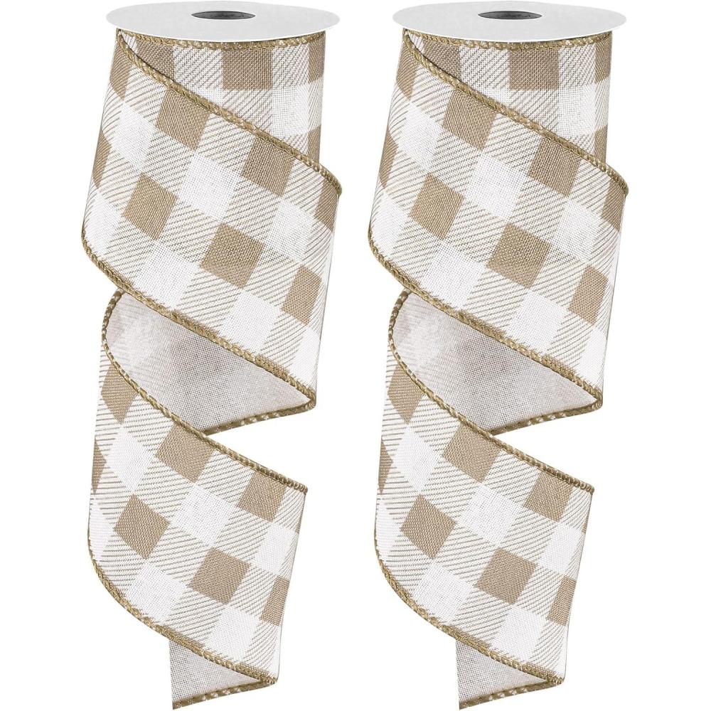 imageWhaline 2 Rolls Wired Edge Plaid Ribbon Christmas Buffalo Check Ribbon White Black Plaid Ribbon 25quot Wide Farmhouse Craft Ribbon for DIY Gift Wrapping Wreath Xmas Tree Bow Decoration 10 YardLight Brown and White