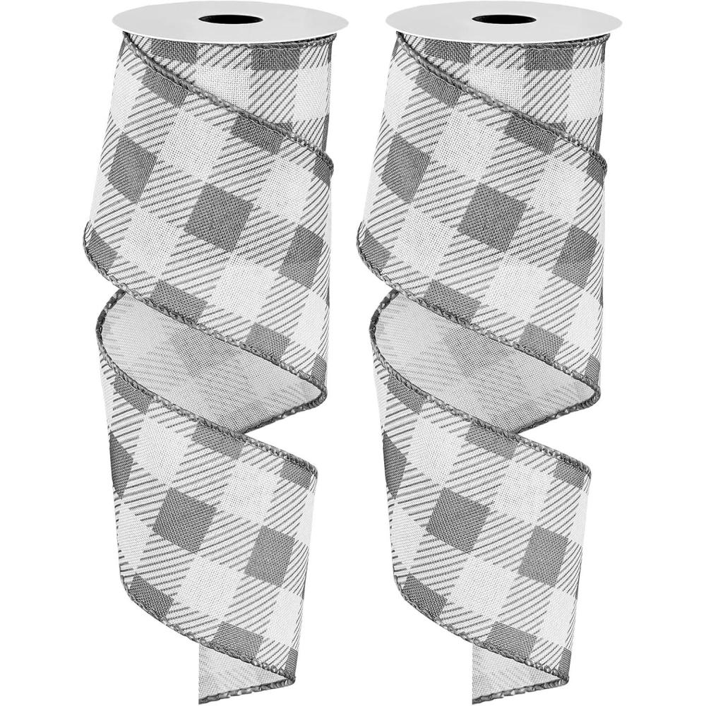 imageWhaline 2 Rolls Wired Edge Plaid Ribbon Christmas Buffalo Check Ribbon White Black Plaid Ribbon 25quot Wide Farmhouse Craft Ribbon for DIY Gift Wrapping Wreath Xmas Tree Bow Decoration 10 YardGray and White