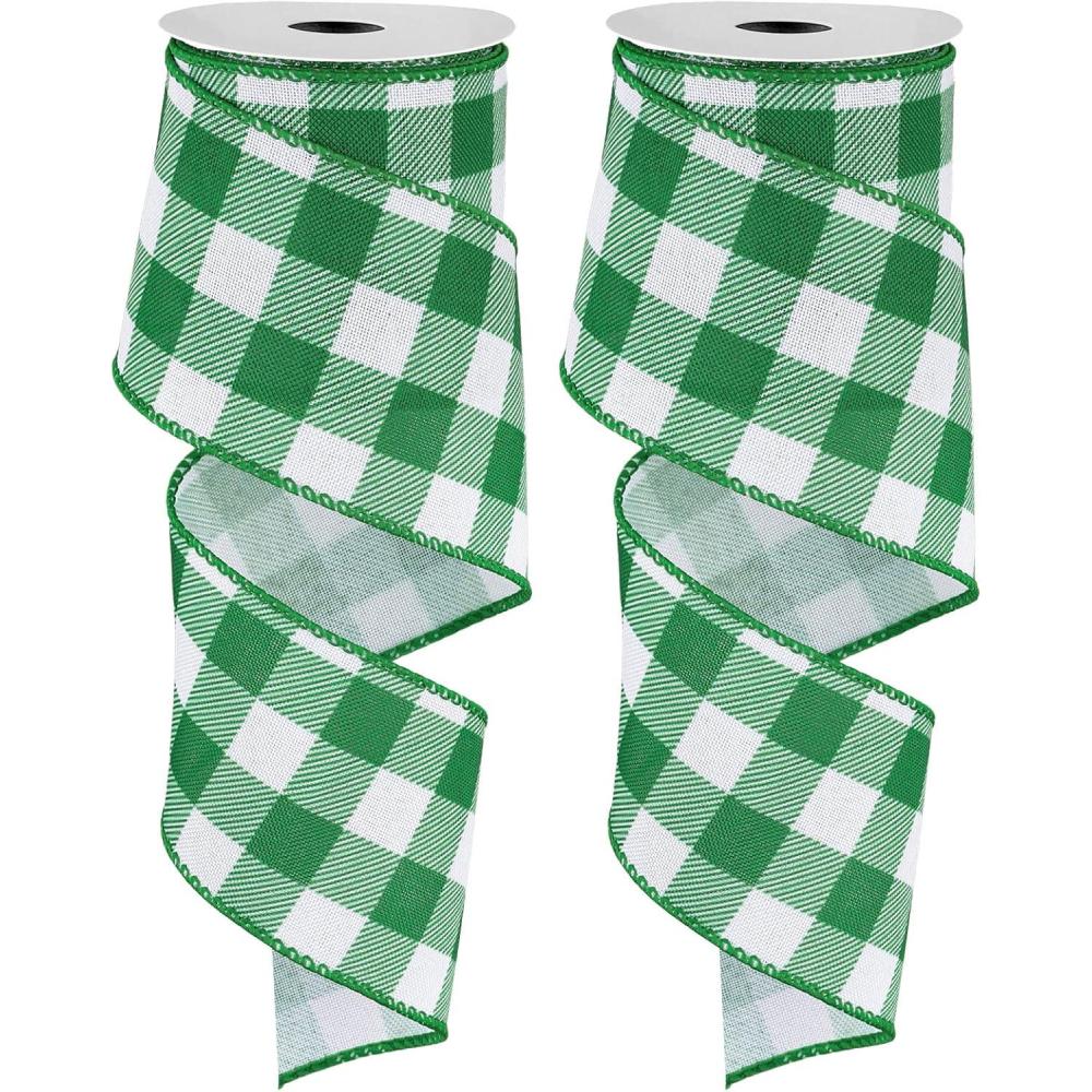 imageWhaline 2 Rolls Wired Edge Plaid Ribbon Christmas Buffalo Check Ribbon White Black Plaid Ribbon 25quot Wide Farmhouse Craft Ribbon for DIY Gift Wrapping Wreath Xmas Tree Bow Decoration 10 YardGreen and White