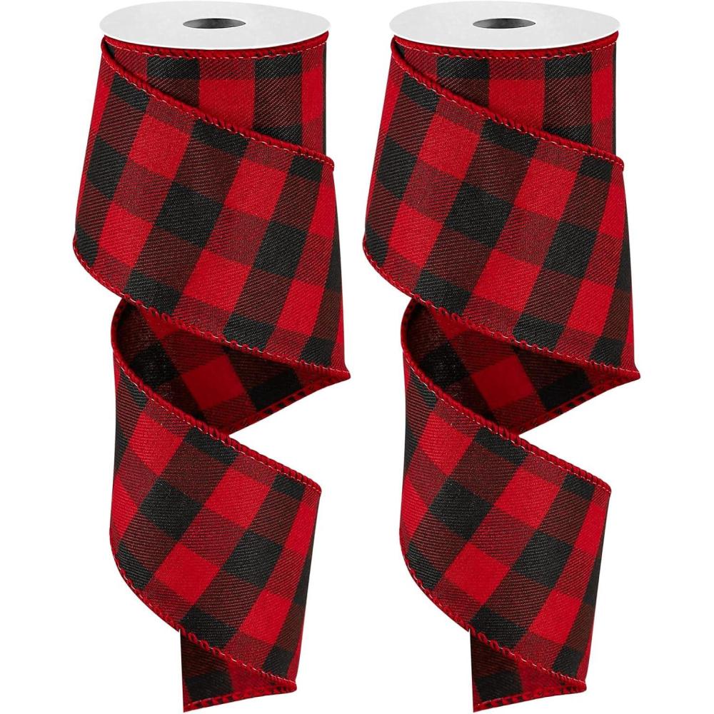 imageWhaline 2 Rolls Wired Edge Plaid Ribbon Christmas Buffalo Check Ribbon White Black Plaid Ribbon 25quot Wide Farmhouse Craft Ribbon for DIY Gift Wrapping Wreath Xmas Tree Bow Decoration 10 YardRed and Black