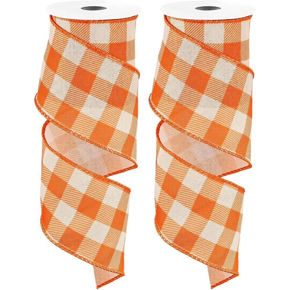 imageWhaline 2 Rolls Wired Edge Plaid Ribbon Christmas Buffalo Check Ribbon White Black Plaid Ribbon 25quot Wide Farmhouse Craft Ribbon for DIY Gift Wrapping Wreath Xmas Tree Bow Decoration 10 YardOrange and White