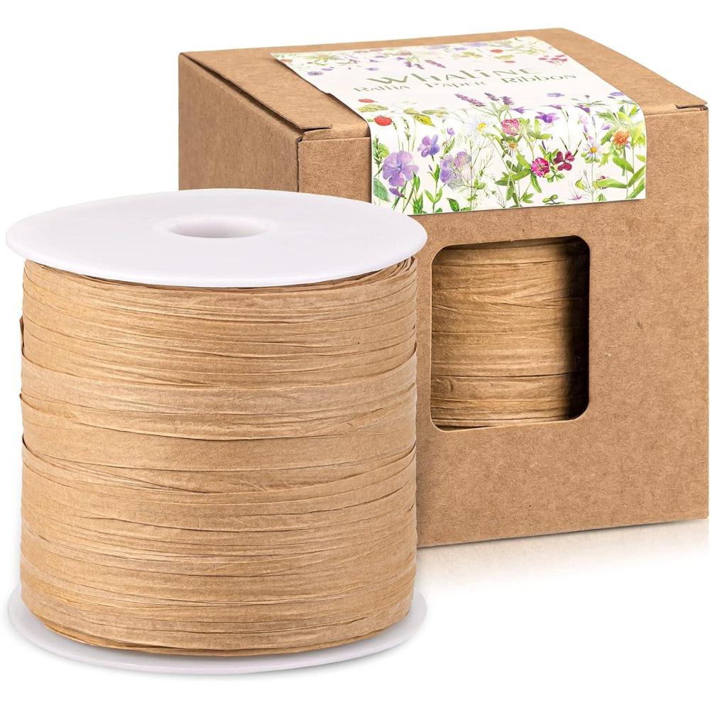imageWhaline 229 Yards Raffia Paper Ribbon Christmas Kraft Craft Packing Paper Twine for Festival Gifts DIY Decoration and Weaving 14 inch WidthKraft