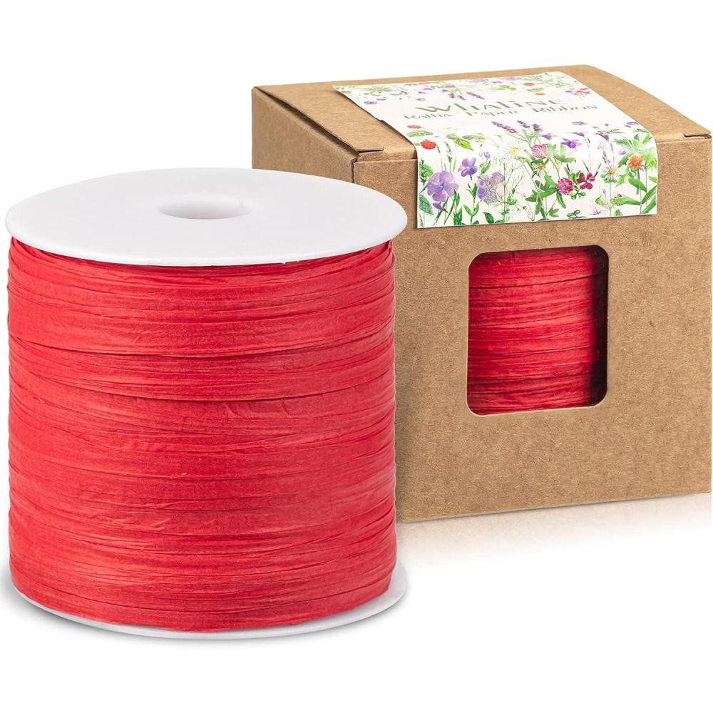 imageWhaline 229 Yards Raffia Paper Ribbon Christmas Kraft Craft Packing Paper Twine for Festival Gifts DIY Decoration and Weaving 14 inch WidthRed