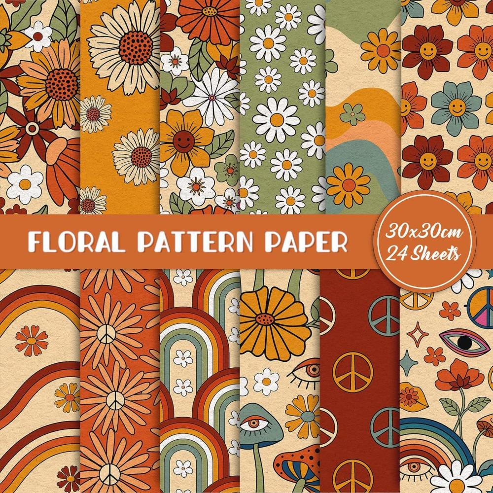 imageWhaline 24 Sheet Retro Floral Pattern Paper 12 Designs Hippie Groovy Boho Rainbow Scrapbook DoubleSided Craft Paper Folded Flat for Card Making Scrapbook Photo Album Spring Summer Decor 30 x 30cm
