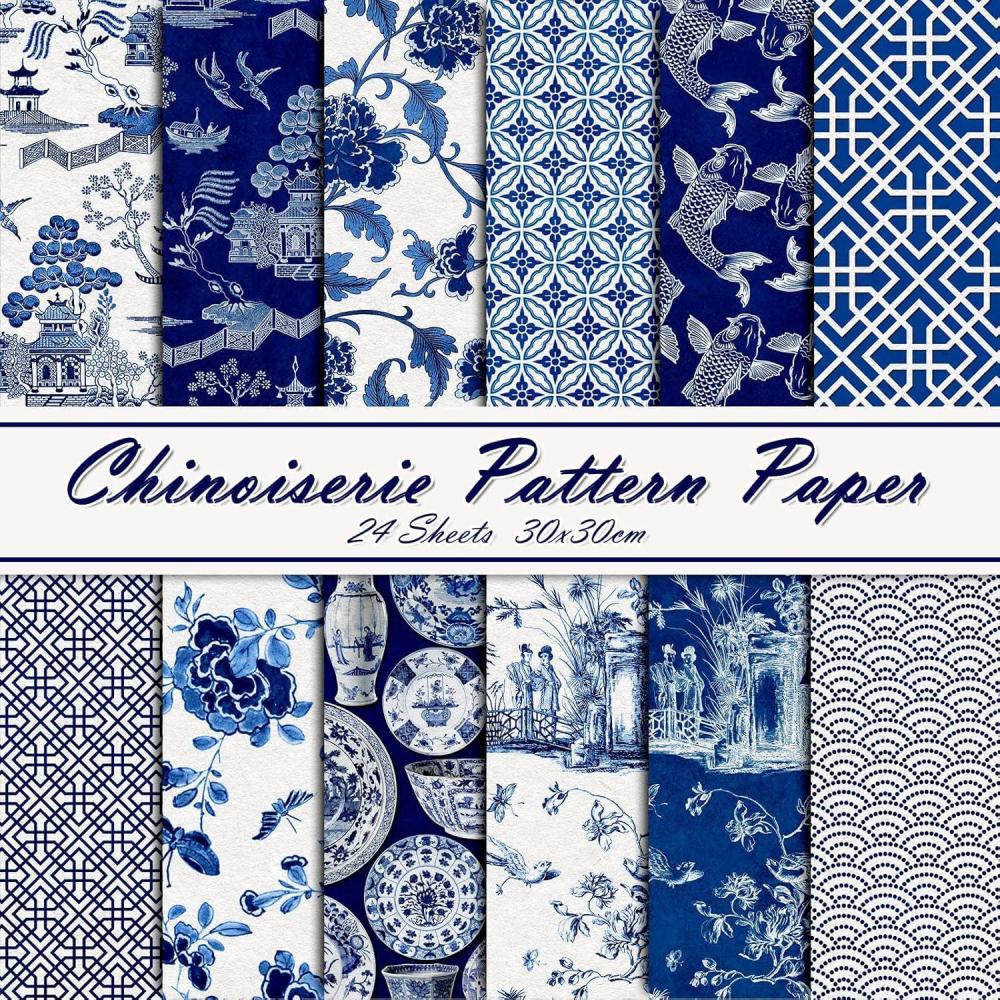 imageWhaline 24 Sheets Chinoiserie Pattern Paper 12 Design Blue China Scrapbook Specialty DoubleSided Collection Oriental Decorative Craft Paper Folded Flat for Chinoiserie Card Making Scrapbook