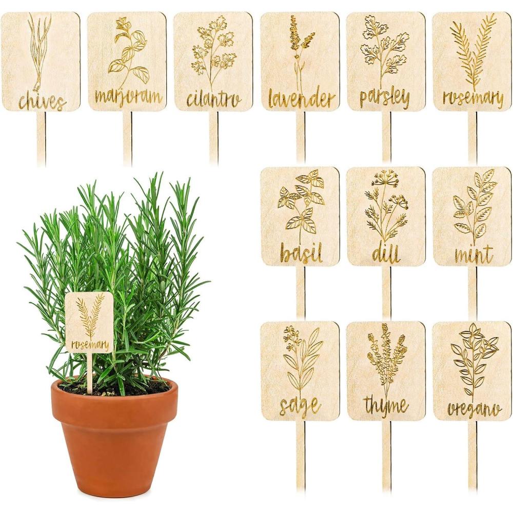 imageWhaline 24Pcs Acrylic Plant Label Signs 12 Styles Planted Herb Garden Markers Waterproof Plant Stake Tags with Herb Names for Nursery Indoor Outdoor Garden DecorationWood