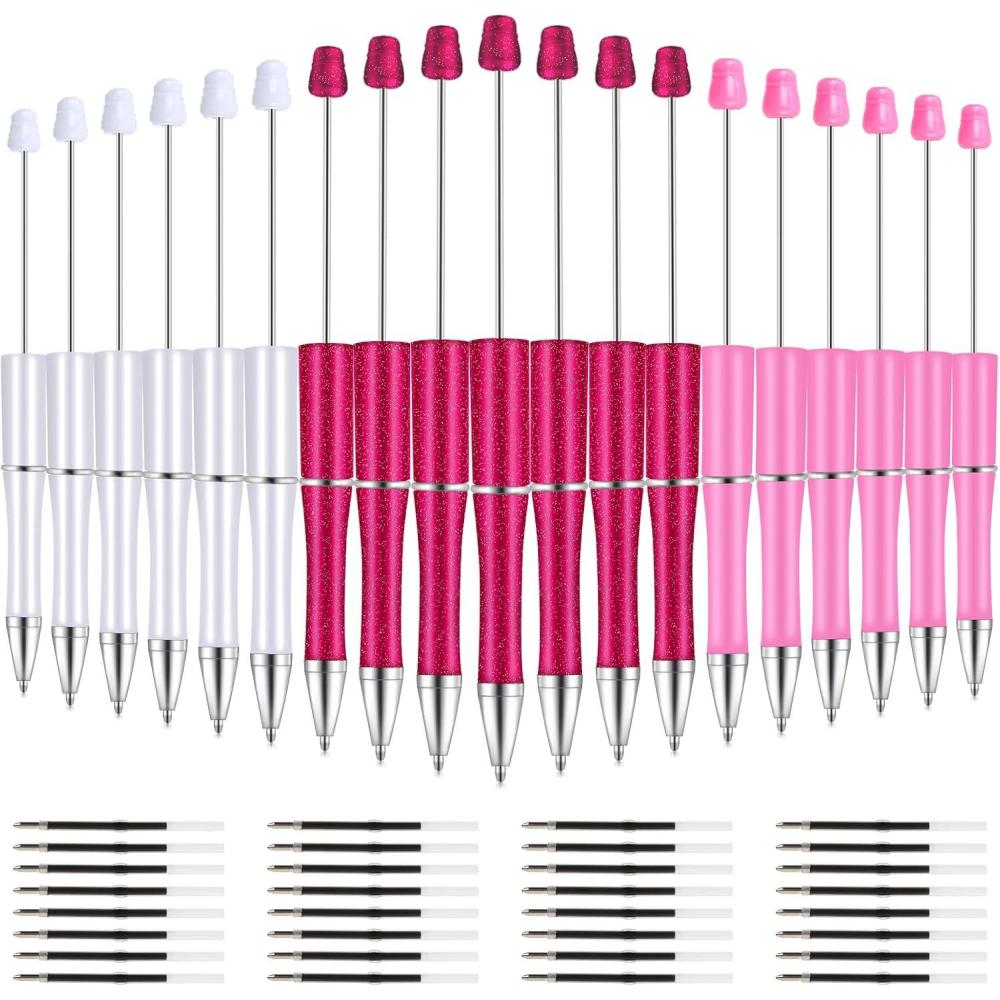 imageWhaline 24Pcs Beadable Pen Black Gold Silver Bead Ballpoint Pen Gel Ink Pen Retractable Writing Pens with Extra Refills for DIY Crafts Office School Gifts Party SuppliesRed Pink White