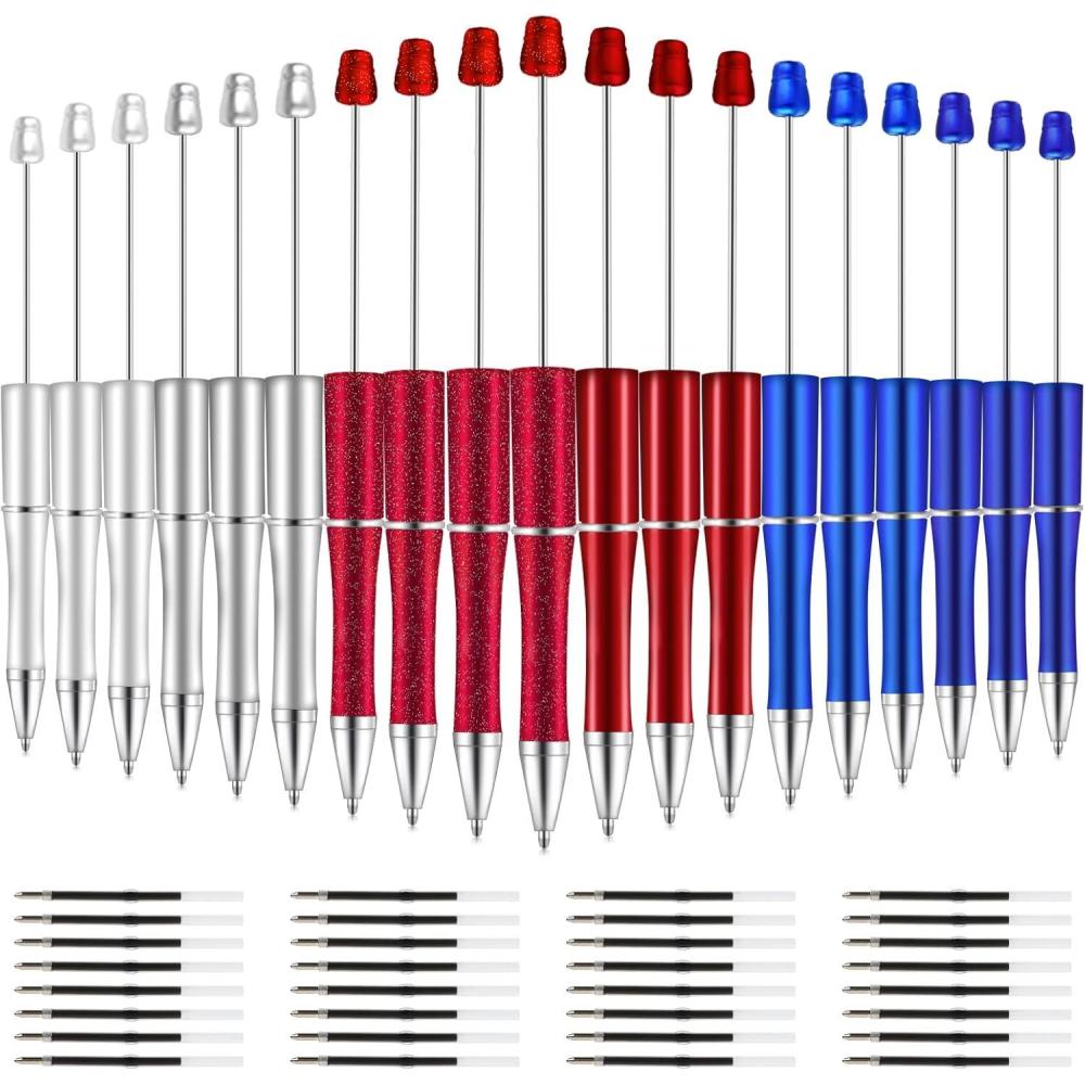 imageWhaline 24Pcs Beadable Pen Black Gold Silver Bead Ballpoint Pen Gel Ink Pen Retractable Writing Pens with Extra Refills for DIY Crafts Office School Gifts Party SuppliesRed Blue Silver
