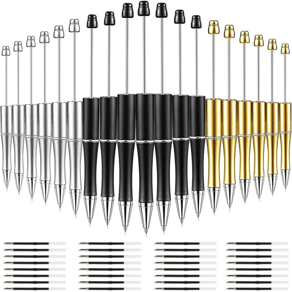 imageWhaline 24Pcs Beadable Pen Black Gold Silver Bead Ballpoint Pen Gel Ink Pen Retractable Writing Pens with Extra Refills for DIY Crafts Office School Gifts Party SuppliesBlack Gold Silver