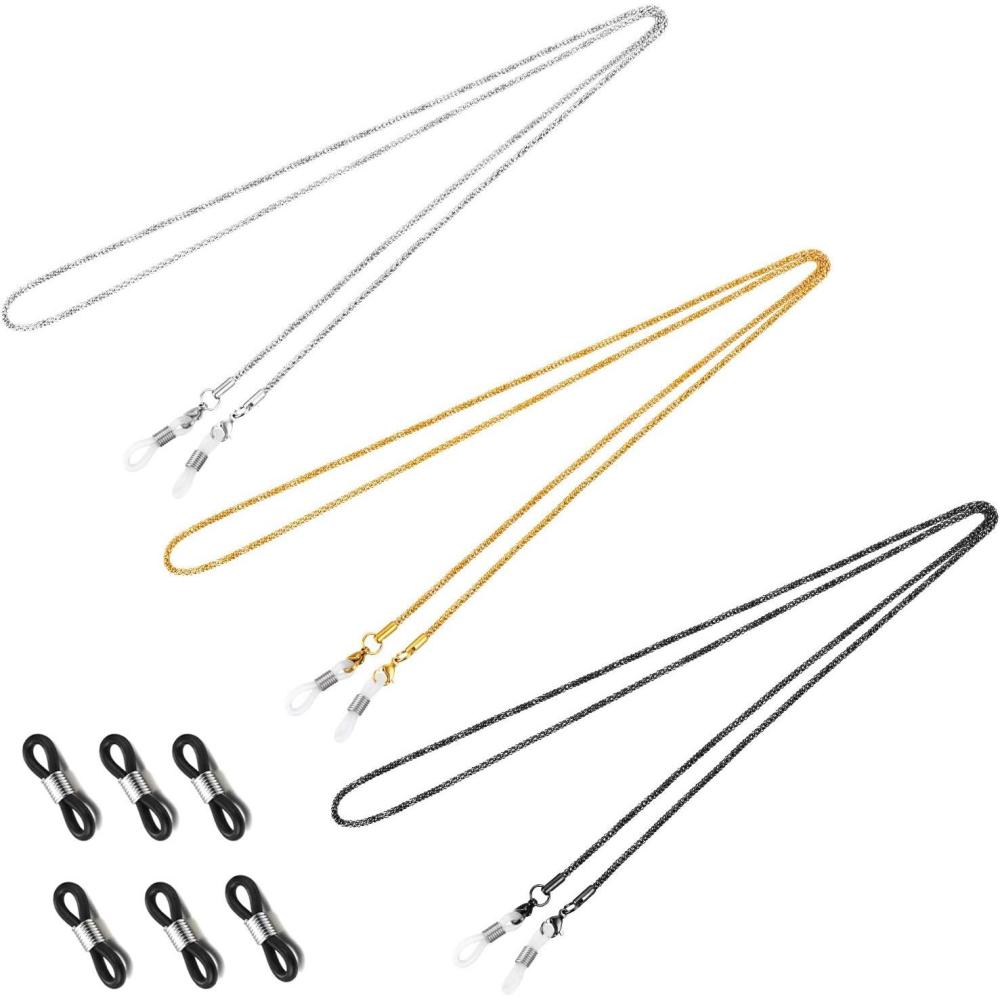 imageWhaline 3 Pieces Eyeglasses Chain Sunglass Neck Strap Holder with 6 Pcs Adjustable Rubber Ends ConnectorsGolden Silver Black