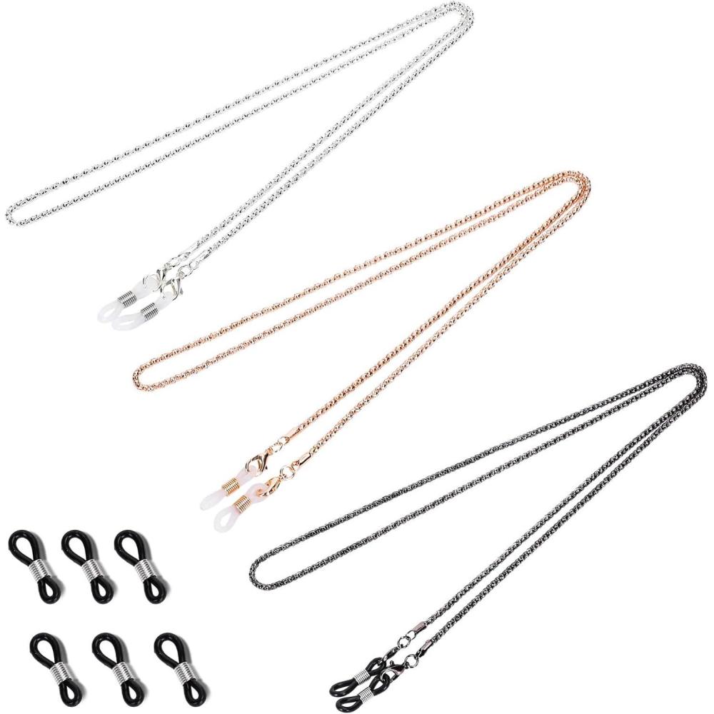 imageWhaline 3 Pieces Eyeglasses Chain Sunglass Neck Strap Holder with 6 Pcs Adjustable Rubber Ends ConnectorsSilver Rose Gold Black