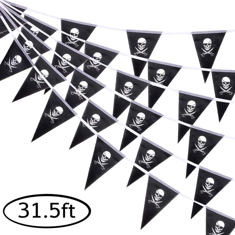 imageWhaline 315ft Halloween Jolly Roger Banner Skull Pirate Flags 30Pcs Triangle Flags Bunting for Halloween Party Pirate Party and Outdoor Decoration Vivid Color and UV Fade Resistant
