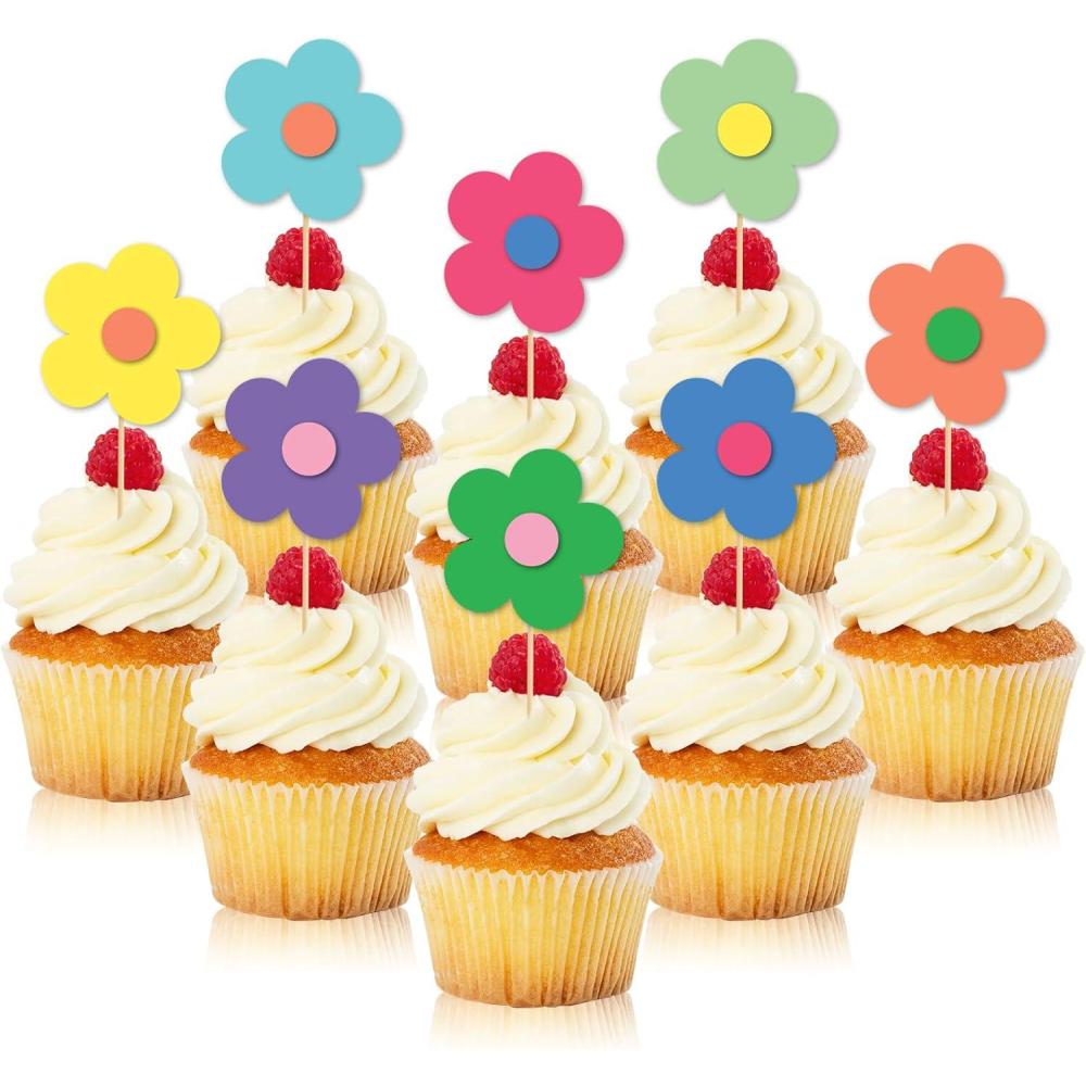 imageWhaline 32Pcs Groovy Retro Hipple Flower Cupcake Toppers 3D Colorful Pink Boho Cupcake Picks with Sticks Glue Point for Boho Party Supplies Cake DecorationsY2k Color