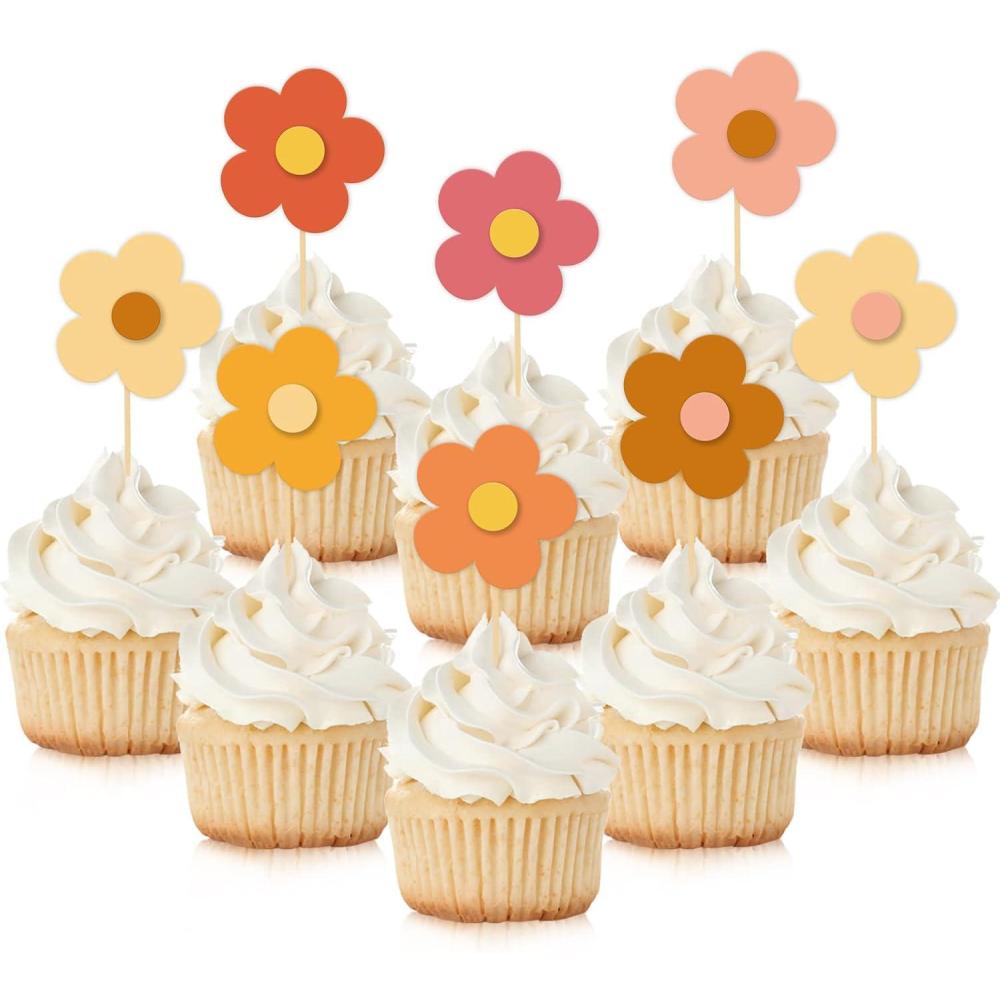 imageWhaline 32Pcs Groovy Retro Hipple Flower Cupcake Toppers 3D Colorful Pink Boho Cupcake Picks with Sticks Glue Point for Boho Party Supplies Cake DecorationsBoho Color