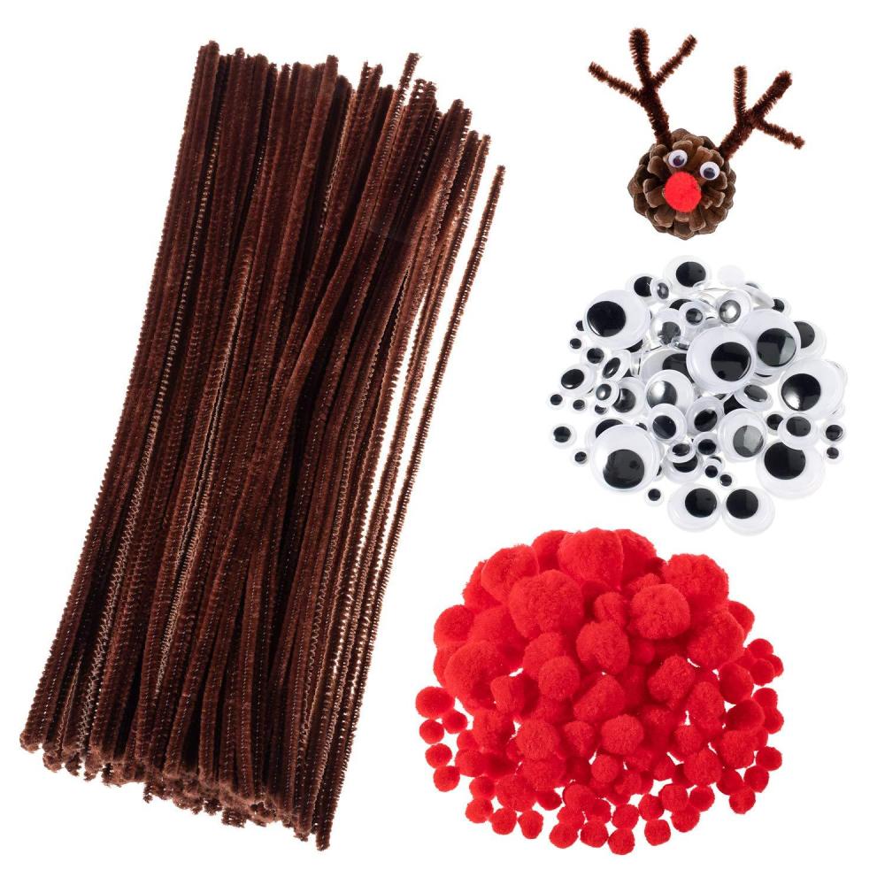 imageWhaline 350 Pcs Christmas Pipe Cleaners Set Including 100 Pcs Brown Craft Chenille Stems 100 Pcs Multi Sized Wiggle Googly Eyes and 150 Pcs Pompoms for Christmas Craft Party DIY Art Supplies