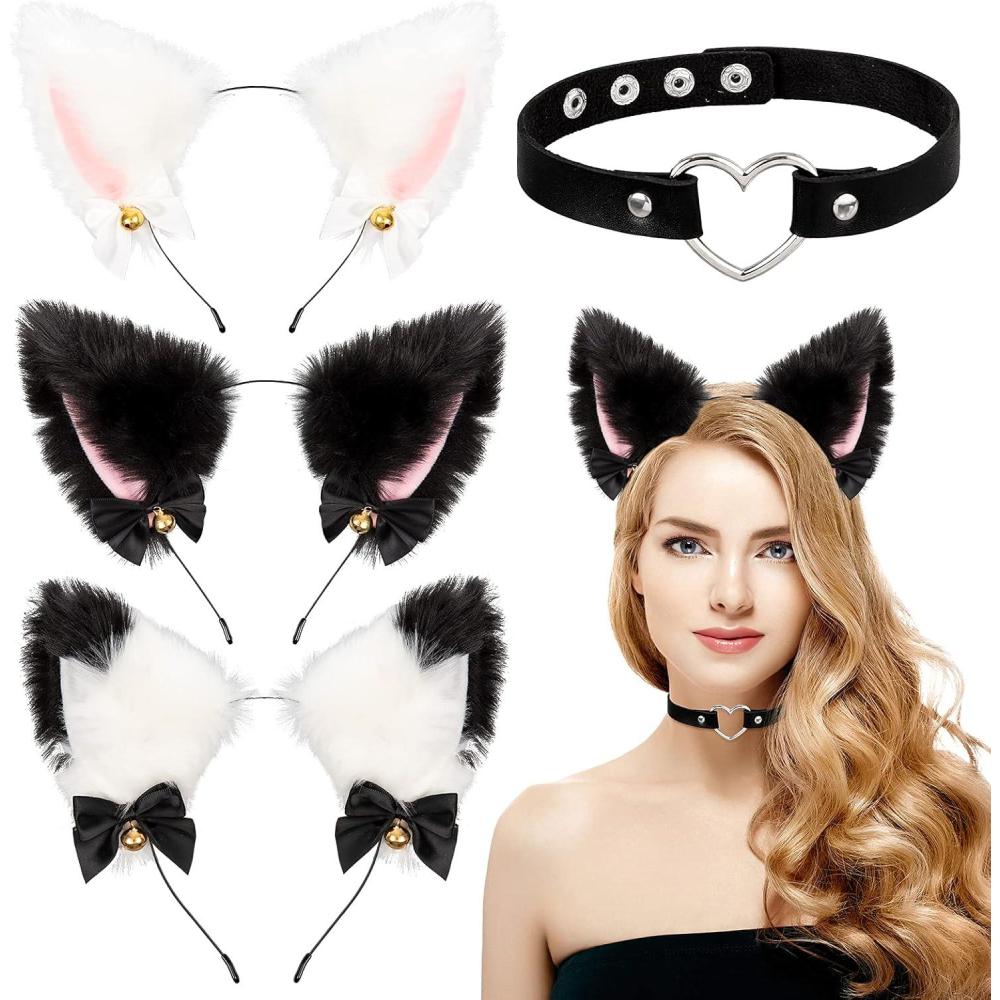 imageWhaline 3pcs Cat Ear Headband with Heart Chocker Necklace White Black Plush Furry Cat Ear Hair Band with Ribbon Bow Bell for Girls Women Adult Cosplay Party Fancy Dress Halloween Drama