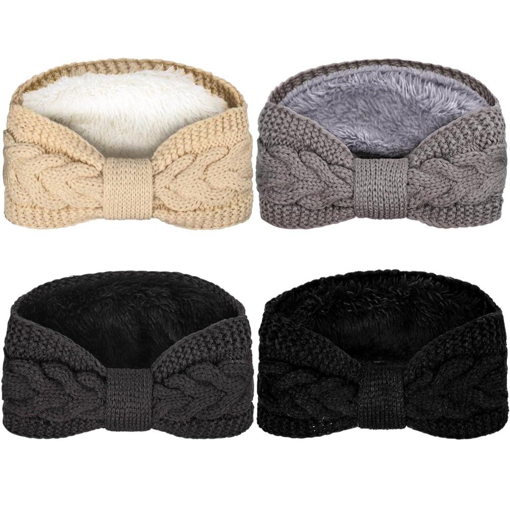 imageWhaline 4 Pack Twisted Knit Headbands Winter Knotted Head Wraps Fuzzy Lined Headband Thick Crochet Turban Ear Warmer Elastic Hair Band Accessories for Women White Pink Black GreyGrey Black