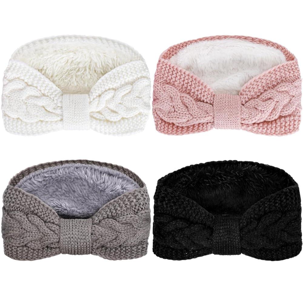 imageWhaline 4 Pack Twisted Knit Headbands Winter Knotted Head Wraps Fuzzy Lined Headband Thick Crochet Turban Ear Warmer Elastic Hair Band Accessories for Women White Pink Black GreyWhite Black