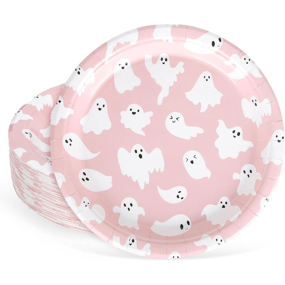 imageWhaline 40Pcs Halloween Paper Plates Pink Ghost Disposable Plates 9 Inch Cute Cartoon Ghost Decorative Round Plates for Halloween Summerween Party Birthday Baby Shower Table DecorGhost