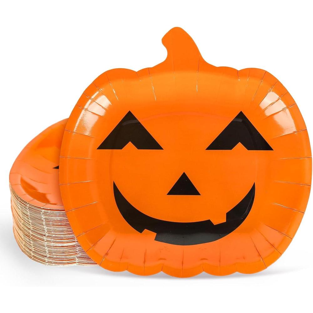 imageWhaline 40Pcs Halloween Paper Plates Pink Pumpkin Shaped Disposable Plates Cute Grimace Pumpkin Pattern Decorative Plates for Halloween Holiday Birthday Party Baby Shower Dinner Tableware SuppliesOrange