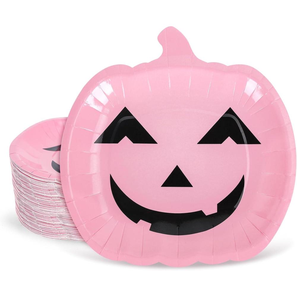 imageWhaline 40Pcs Halloween Paper Plates Pink Pumpkin Shaped Disposable Plates Cute Grimace Pumpkin Pattern Decorative Plates for Halloween Holiday Birthday Party Baby Shower Dinner Tableware SuppliesPink