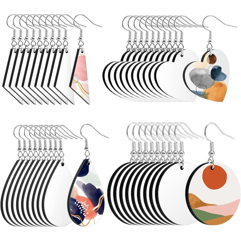 imageWhaline 40Pcs Sublimation Blank Earrings Round Heart Teardrop Irregular Square MDF Board White Earrings Heat Transfer Earring Unfinished Wood Earring for Jewelry DIY Making Crafts Supplies